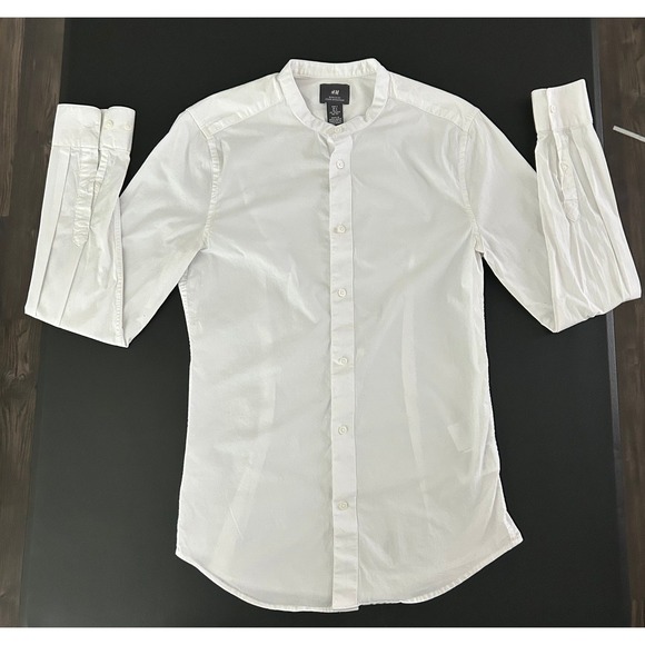 H&M Other - HM Muscle Fit Shirt Small White Grandad Band Collar Long Sleeve Button Up 1494